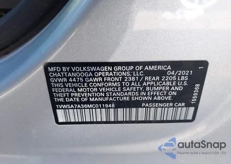 2021 Volkswagen Passat 2.0T Se z USA, uszkodzony, nr VIN 1VWSA7A36MC011948